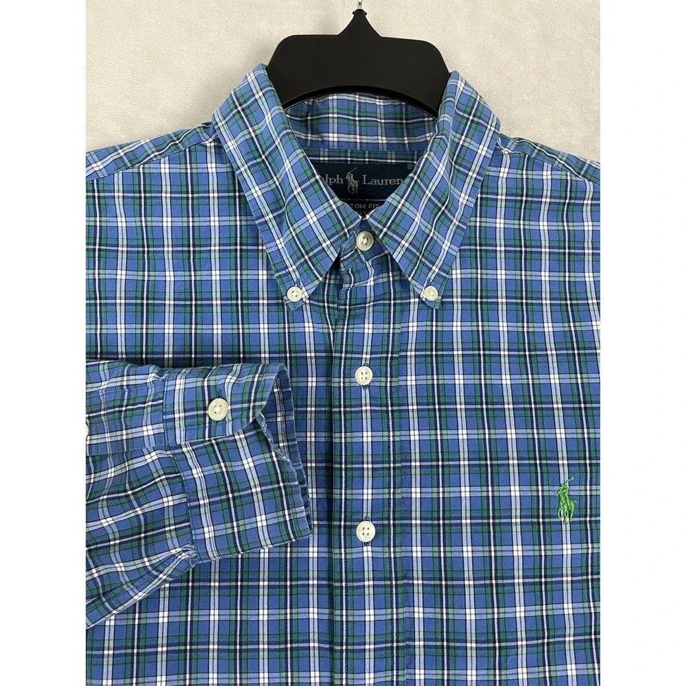 Polo Ralph Lauren Shirt Men Large Blue Check Custom Fit Gingham Button Up Casual